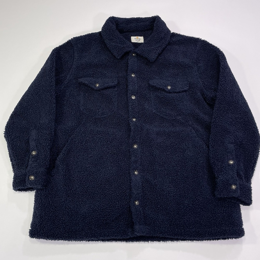 Marine Layer Sherpa Fleece Over Shirt Jacket Men's Large Blue Button Up Pockets